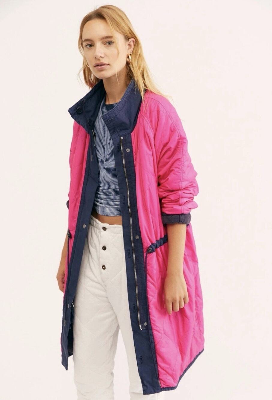 FREE PEOPLE Sz Large PUFFED OUT REVERSIBLE DOLMAN JACKET NAVY MIDNIGHT BERRY